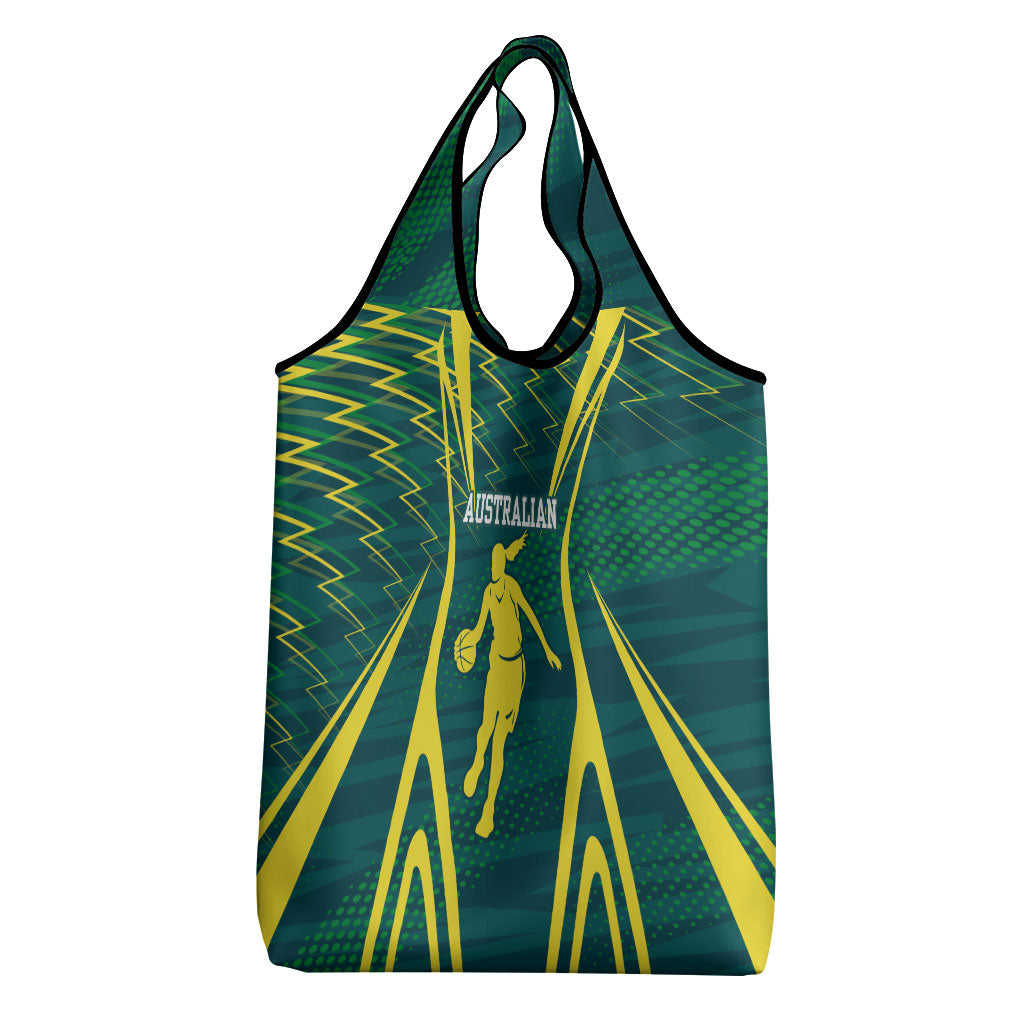 Australian Opals Basketball Grocery Bag Iconic Green And Gold Silhouette With Sharp Abstract Graphics