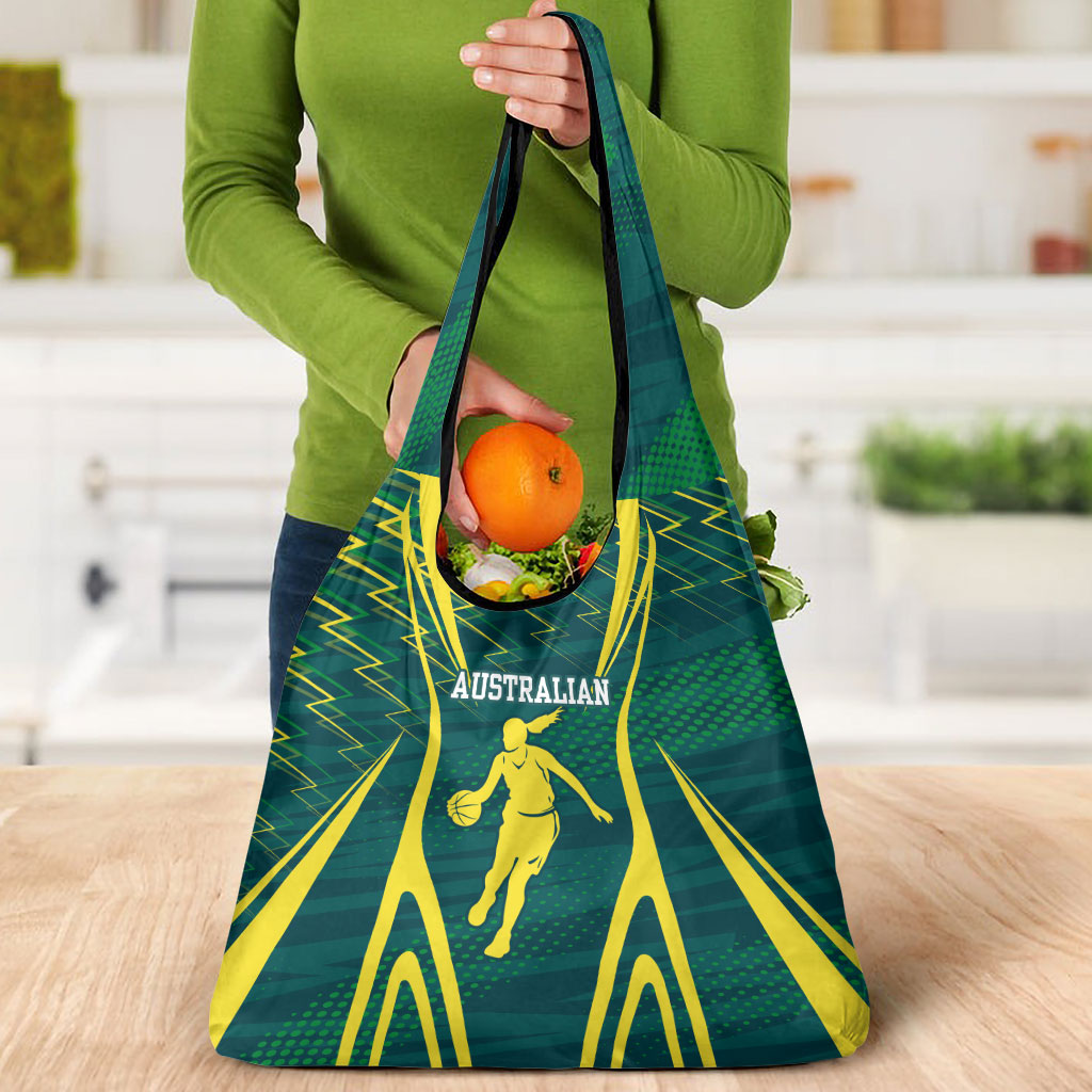 Australian Opals Basketball Grocery Bag Iconic Green And Gold Silhouette With Sharp Abstract Graphics