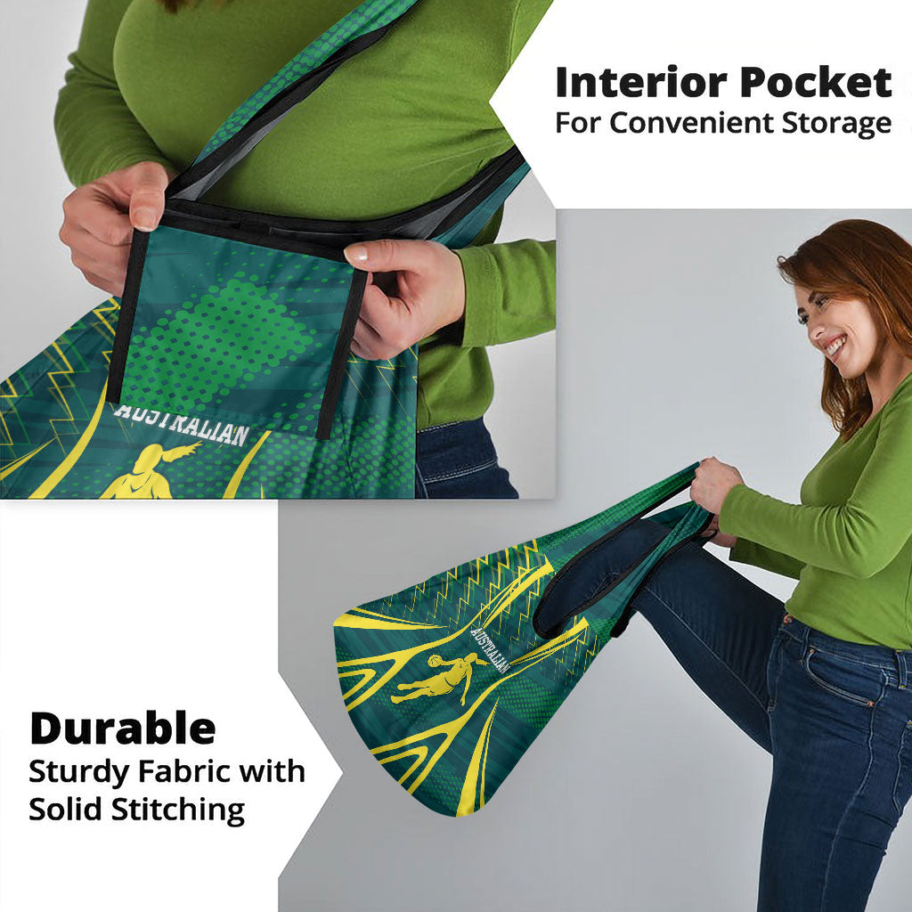 Australian Opals Basketball Grocery Bag Iconic Green And Gold Silhouette With Sharp Abstract Graphics