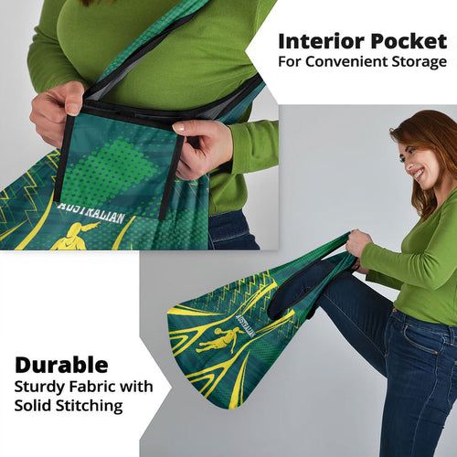 Australian Opals Basketball Grocery Bag Iconic Green And Gold Silhouette With Sharp Abstract Graphics