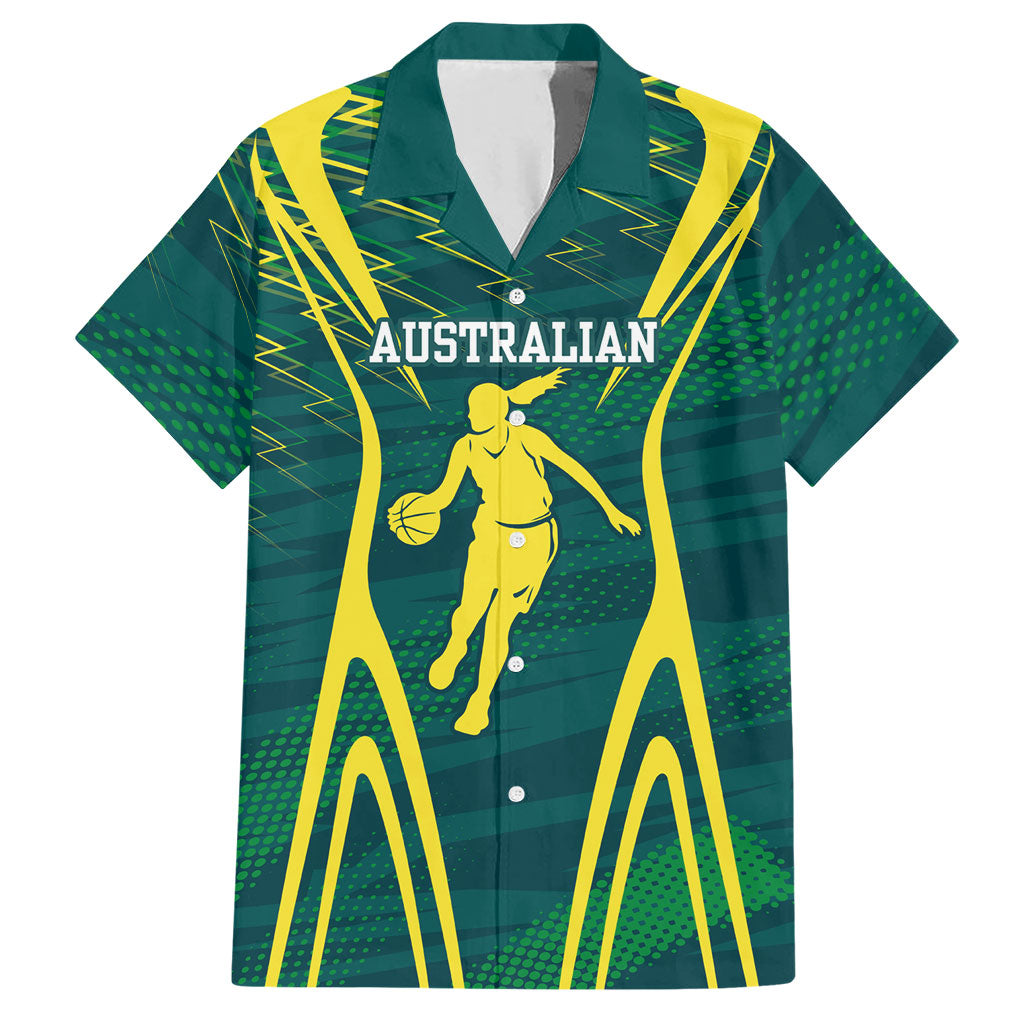 Australian Opals Basketball Hawaiian Shirt Iconic Green And Gold Silhouette With Sharp Abstract Graphics
