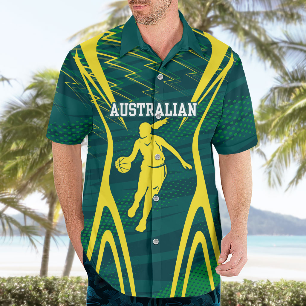 Australian Opals Basketball Hawaiian Shirt Iconic Green And Gold Silhouette With Sharp Abstract Graphics