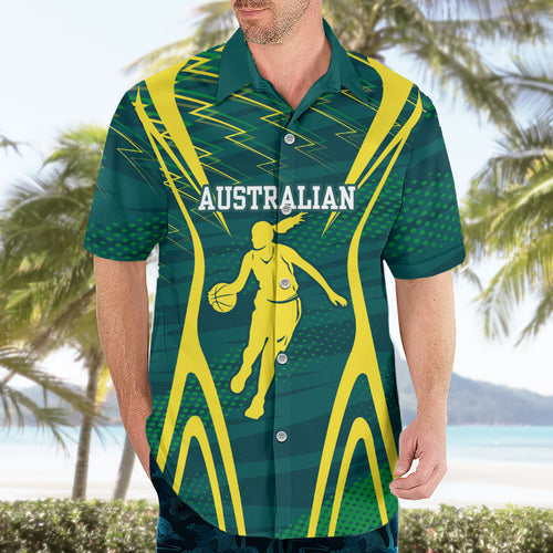 Australian Opals Basketball Hawaiian Shirt Iconic Green And Gold Silhouette With Sharp Abstract Graphics