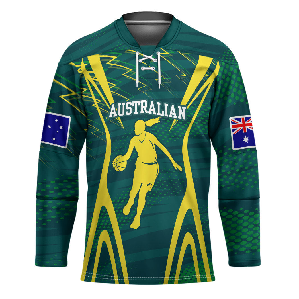 Australian Opals Basketball Hockey Jersey Iconic Green And Gold Silhouette With Sharp Abstract Graphics