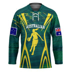 Australian Opals Basketball Hockey Jersey Iconic Green And Gold Silhouette With Sharp Abstract Graphics