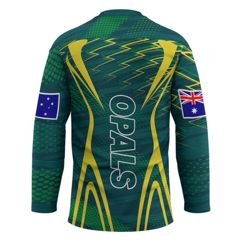 Australian Opals Basketball Hockey Jersey Iconic Green And Gold Silhouette With Sharp Abstract Graphics