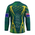 Australian Opals Basketball Hockey Jersey Iconic Green And Gold Silhouette With Sharp Abstract Graphics