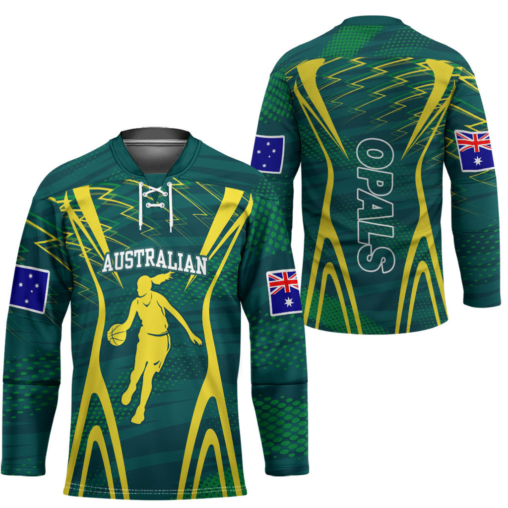 Australian Opals Basketball Hockey Jersey Iconic Green And Gold Silhouette With Sharp Abstract Graphics