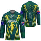 Australian Opals Basketball Hockey Jersey Iconic Green And Gold Silhouette With Sharp Abstract Graphics
