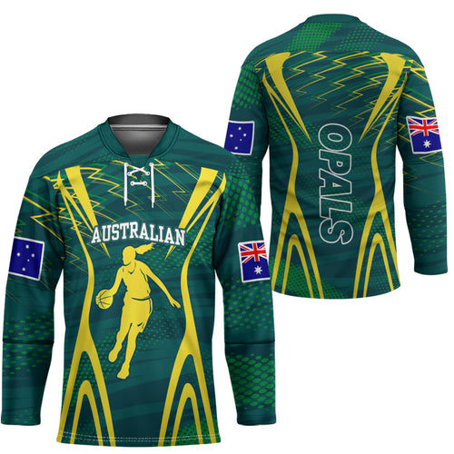 Australian Opals Basketball Hockey Jersey Iconic Green And Gold Silhouette With Sharp Abstract Graphics