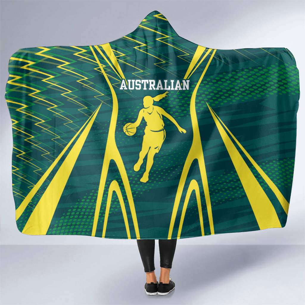 Australian Opals Basketball Hooded Blanket Iconic Green And Gold Silhouette With Sharp Abstract Graphics