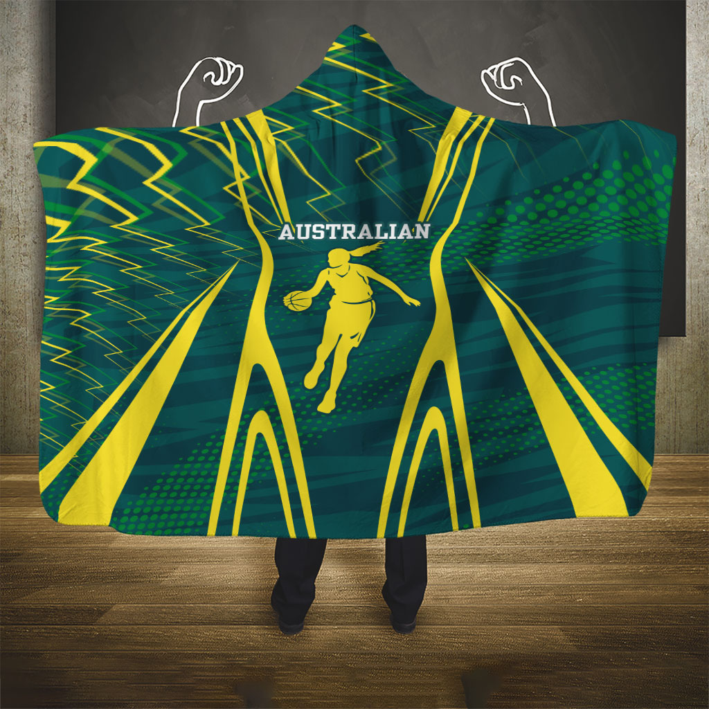 Australian Opals Basketball Hooded Blanket Iconic Green And Gold Silhouette With Sharp Abstract Graphics