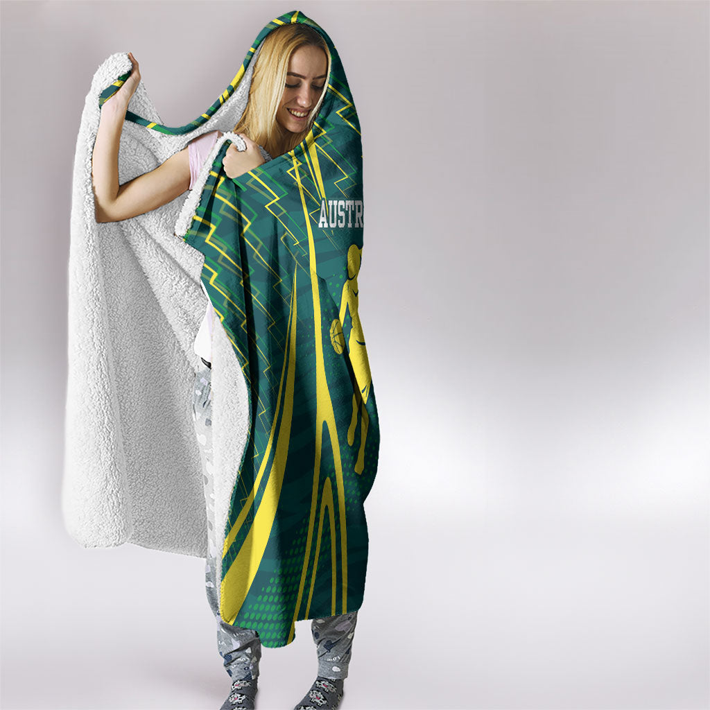 Australian Opals Basketball Hooded Blanket Iconic Green And Gold Silhouette With Sharp Abstract Graphics