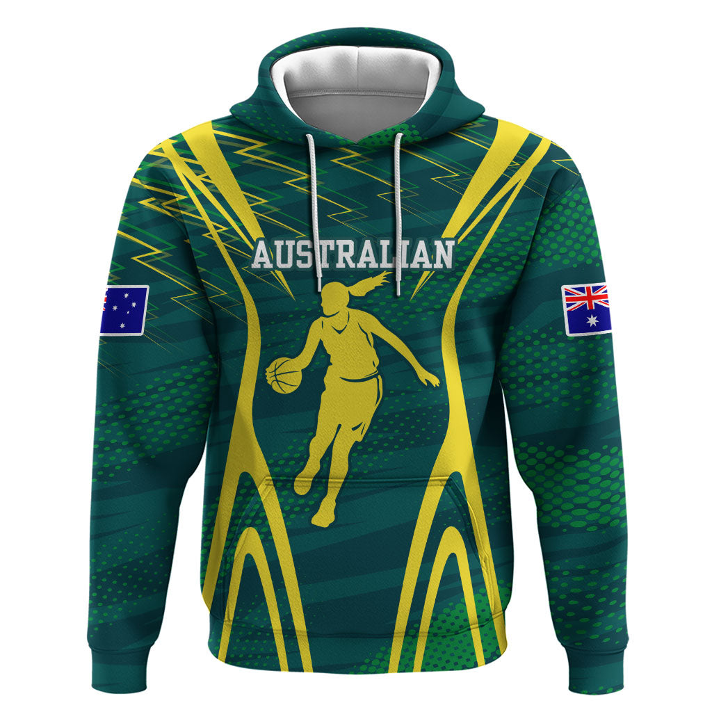 Australian Opals Basketball Hoodie Iconic Green And Gold Silhouette With Sharp Abstract Graphics