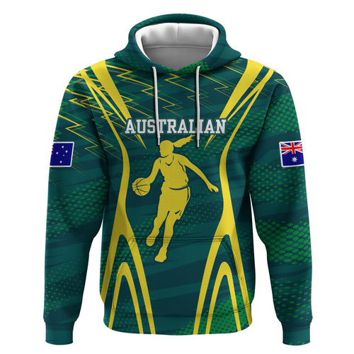 Australian Opals Basketball Hoodie Iconic Green And Gold Silhouette With Sharp Abstract Graphics