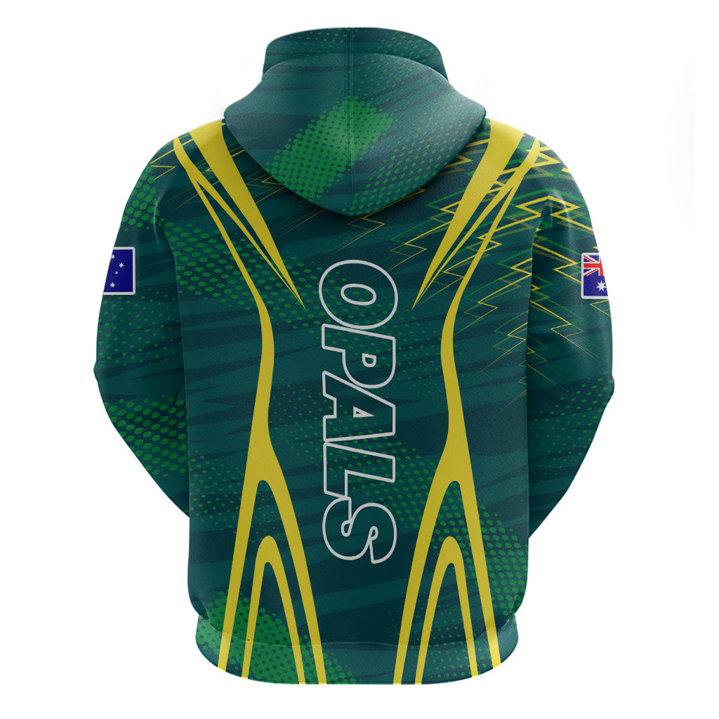 Australian Opals Basketball Hoodie Iconic Green And Gold Silhouette With Sharp Abstract Graphics