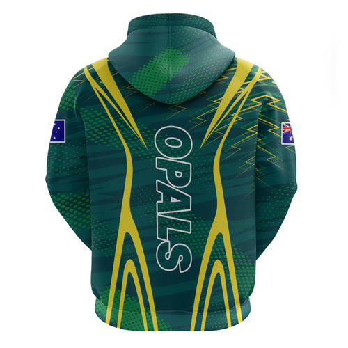 Australian Opals Basketball Hoodie Iconic Green And Gold Silhouette With Sharp Abstract Graphics
