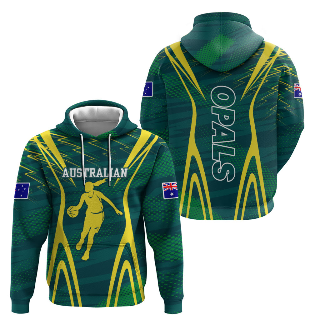 Australian Opals Basketball Hoodie Iconic Green And Gold Silhouette With Sharp Abstract Graphics