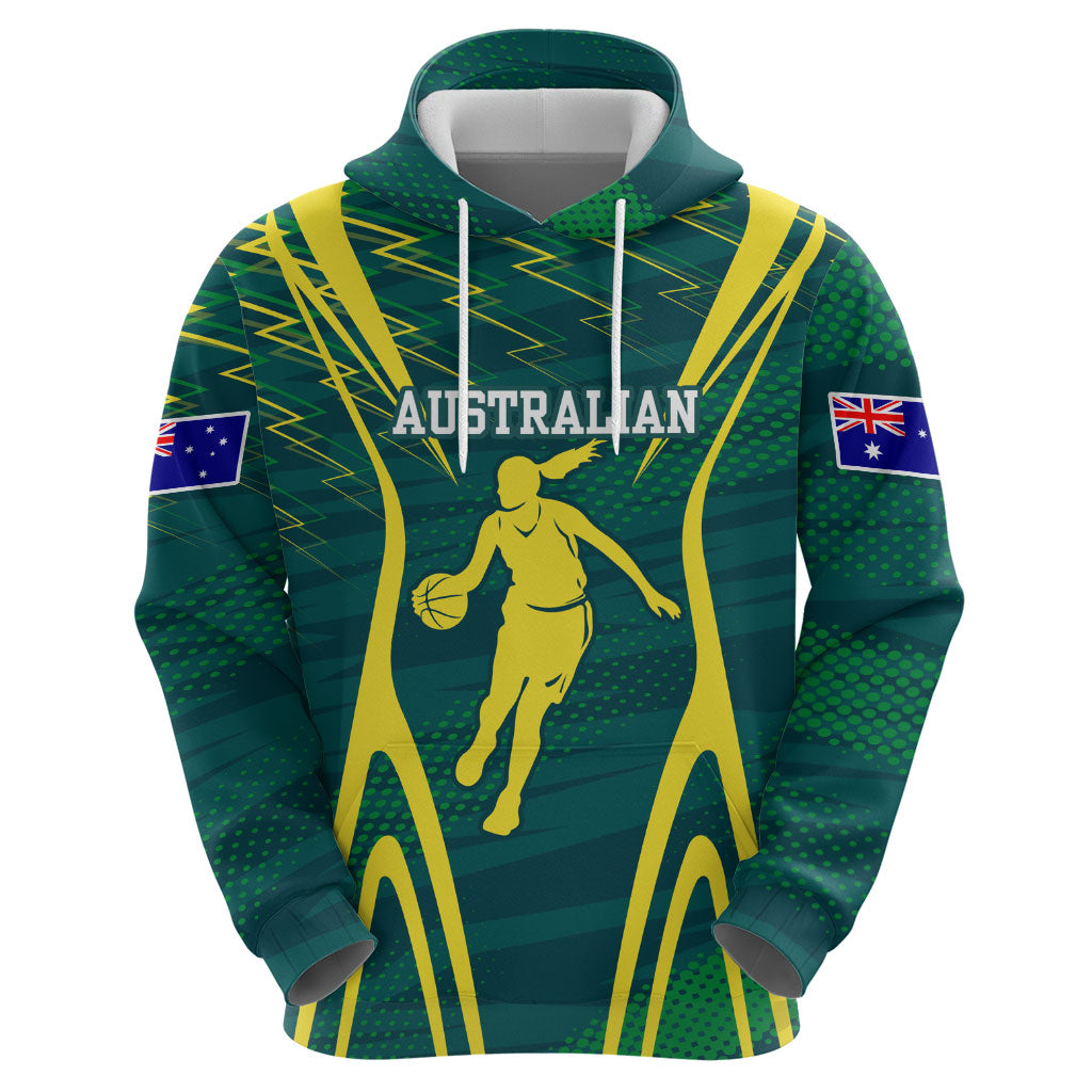 Australian Opals Basketball Hoodie Iconic Green And Gold Silhouette With Sharp Abstract Graphics