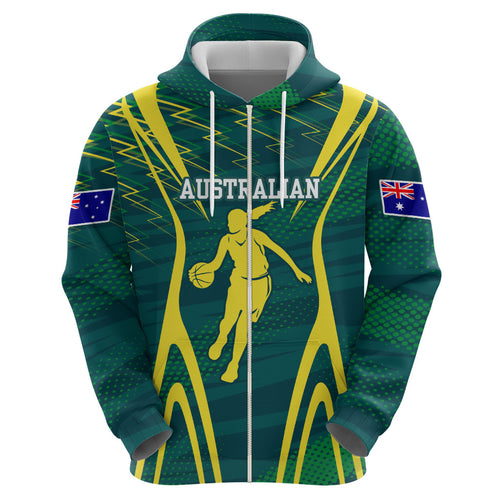 Australian Opals Basketball Hoodie Iconic Green And Gold Silhouette With Sharp Abstract Graphics