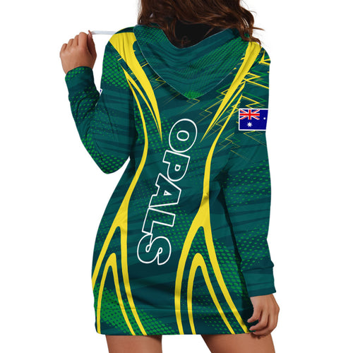 Australian Opals Basketball Hoodie Dress Iconic Green And Gold Silhouette With Sharp Abstract Graphics