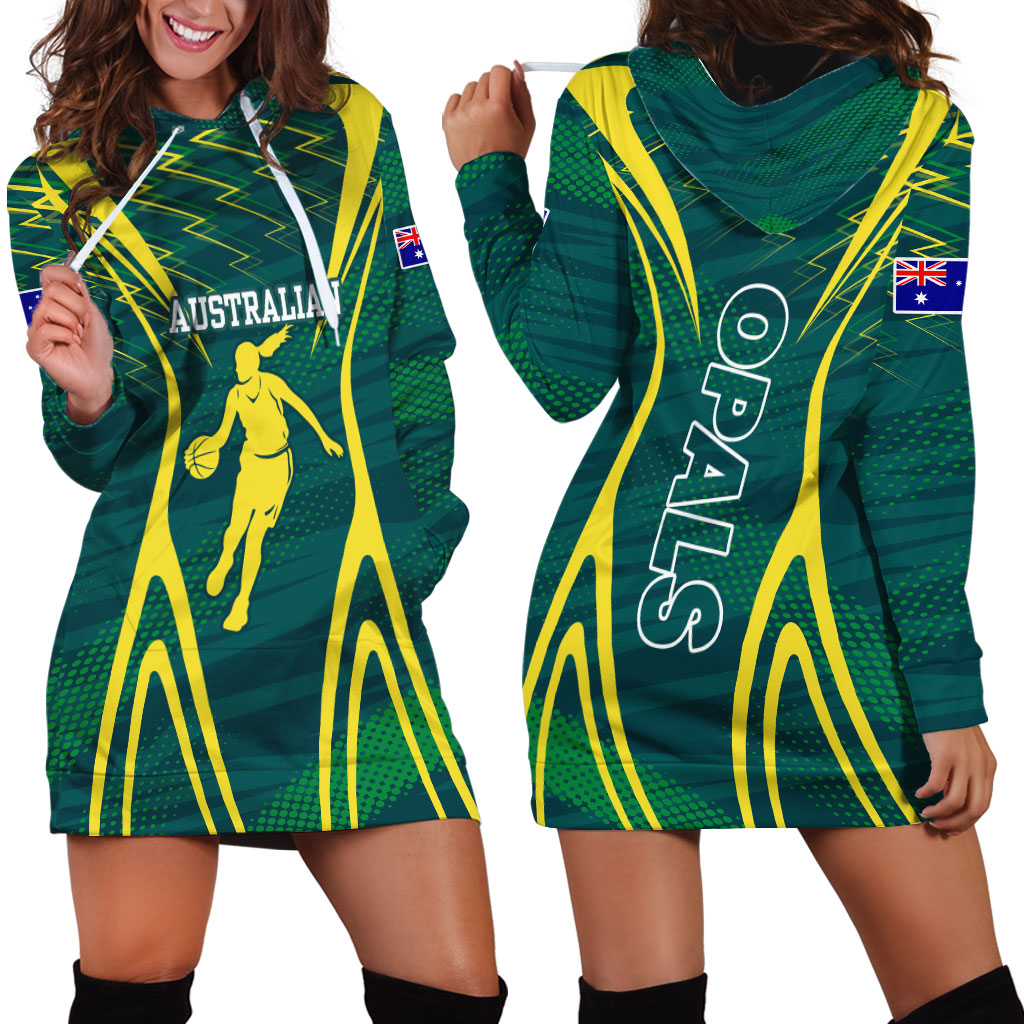 Australian Opals Basketball Hoodie Dress Iconic Green And Gold Silhouette With Sharp Abstract Graphics