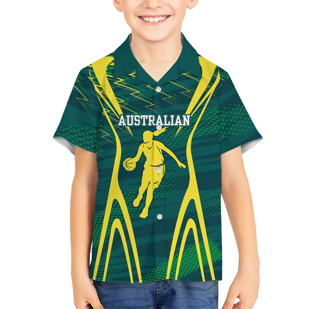 Australian Opals Basketball Kid Hawaiian Shirt Iconic Green And Gold Silhouette With Sharp Abstract Graphics