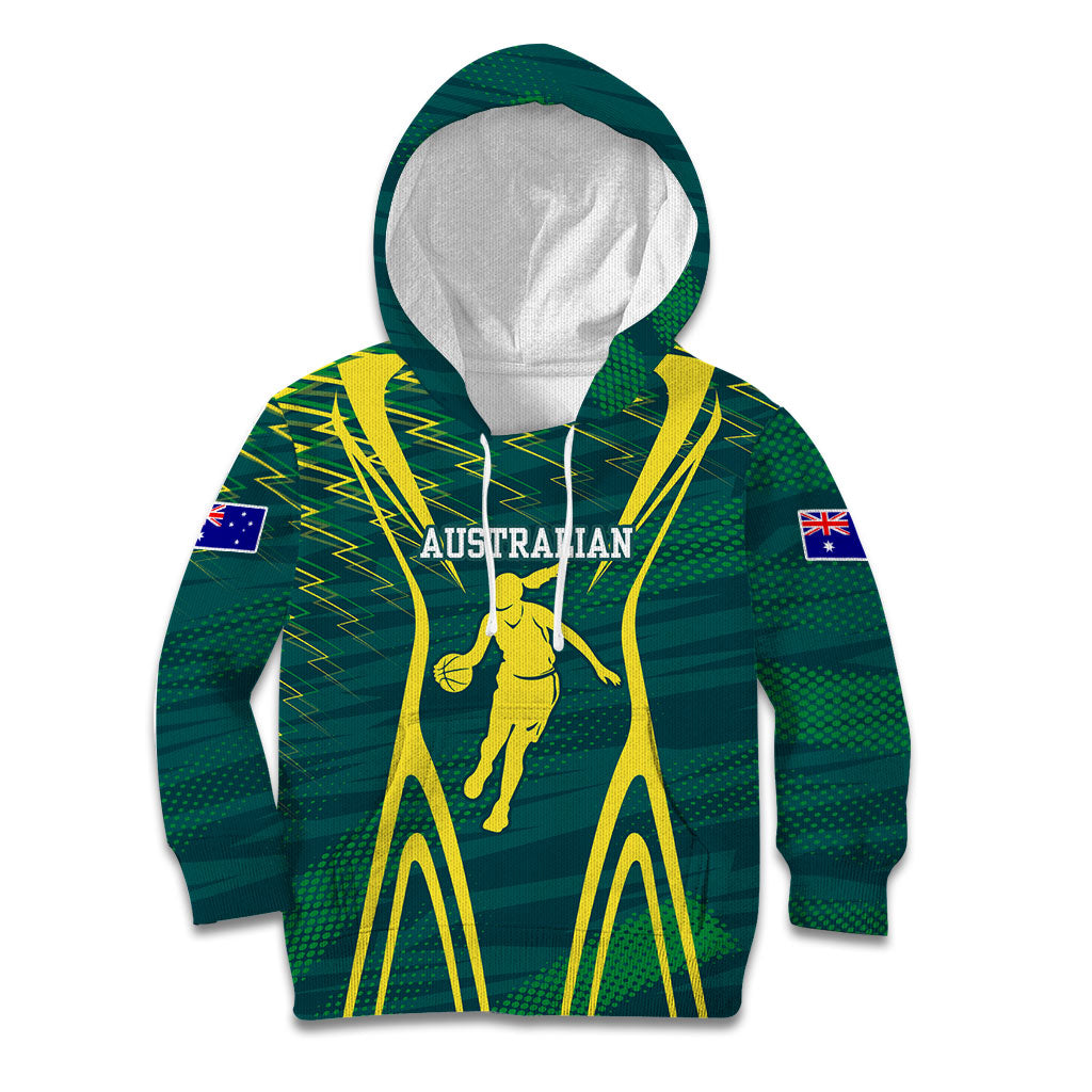 Australian Opals Basketball Kid Hoodie Iconic Green And Gold Silhouette With Sharp Abstract Graphics