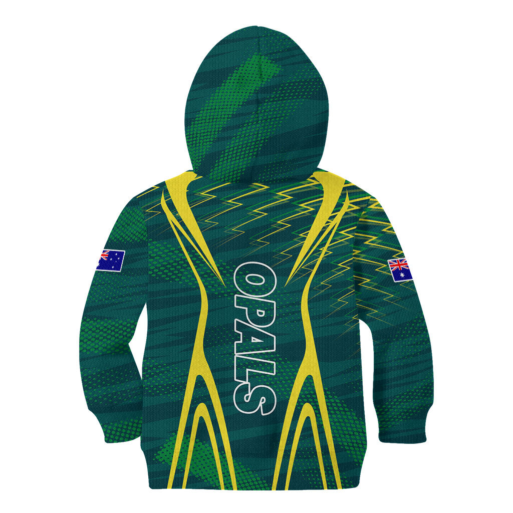 Australian Opals Basketball Kid Hoodie Iconic Green And Gold Silhouette With Sharp Abstract Graphics