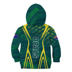 Australian Opals Basketball Kid Hoodie Iconic Green And Gold Silhouette With Sharp Abstract Graphics
