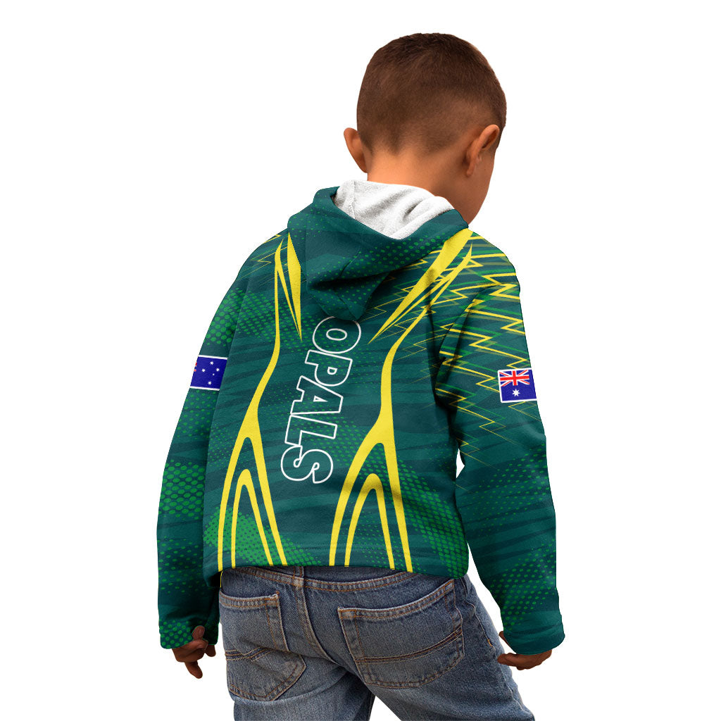 Australian Opals Basketball Kid Hoodie Iconic Green And Gold Silhouette With Sharp Abstract Graphics