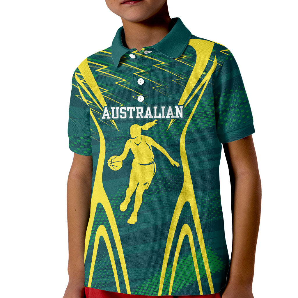 Australian Opals Basketball Kid Polo Shirt Iconic Green And Gold Silhouette With Sharp Abstract Graphics