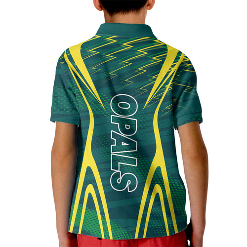 Australian Opals Basketball Kid Polo Shirt Iconic Green And Gold Silhouette With Sharp Abstract Graphics