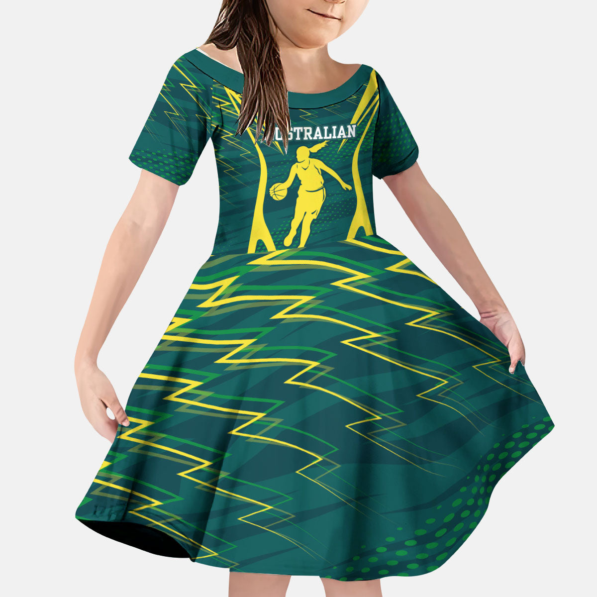 Australian Opals Basketball Kid Short Sleeve Dress Iconic Green And Gold Silhouette With Sharp Abstract Graphics
