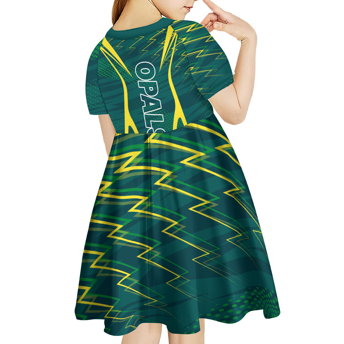 Australian Opals Basketball Kid Short Sleeve Dress Iconic Green And Gold Silhouette With Sharp Abstract Graphics