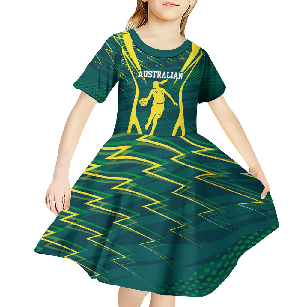 Australian Opals Basketball Kid Short Sleeve Dress Iconic Green And Gold Silhouette With Sharp Abstract Graphics