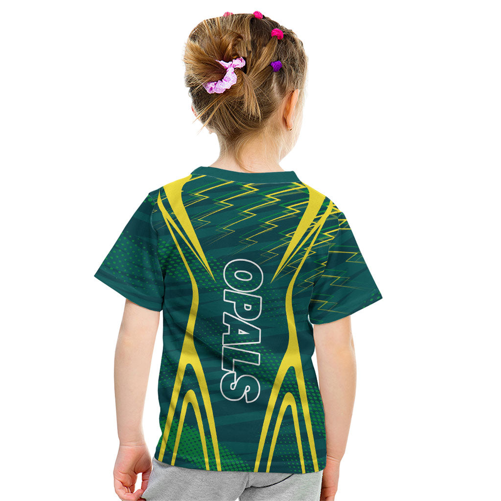 Australian Opals Basketball Kid T Shirt Iconic Green And Gold Silhouette With Sharp Abstract Graphics