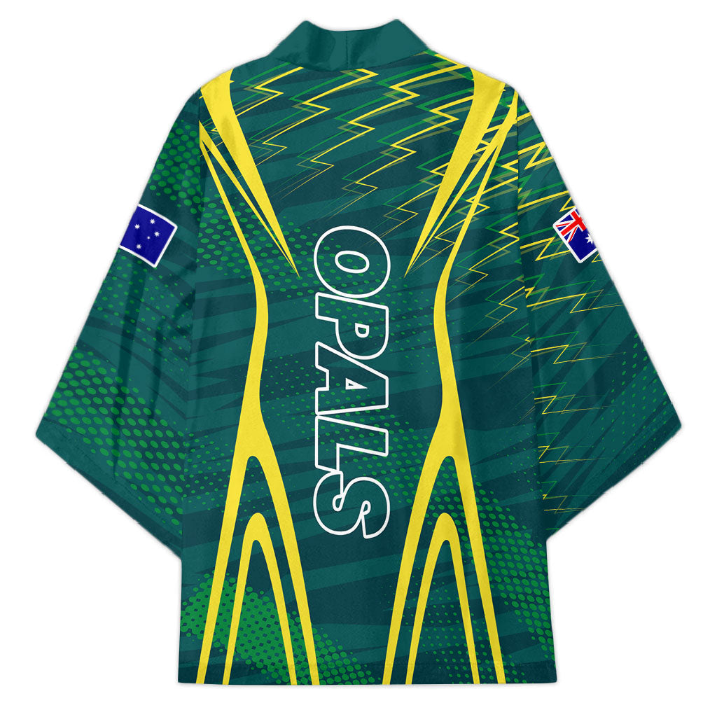 Australian Opals Basketball Kimono Iconic Green And Gold Silhouette With Sharp Abstract Graphics