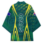 Australian Opals Basketball Kimono Iconic Green And Gold Silhouette With Sharp Abstract Graphics