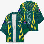 Australian Opals Basketball Kimono Iconic Green And Gold Silhouette With Sharp Abstract Graphics