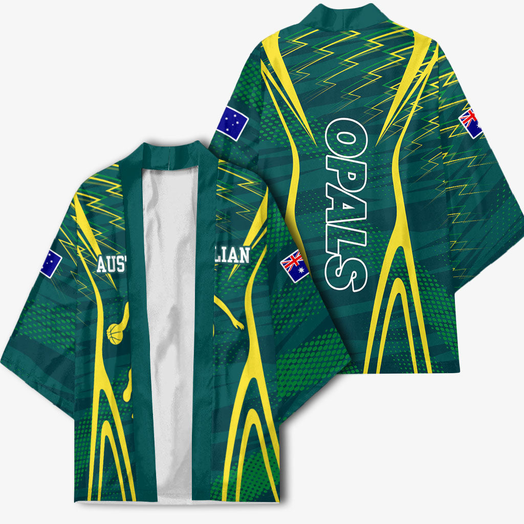 Australian Opals Basketball Kimono Iconic Green And Gold Silhouette With Sharp Abstract Graphics