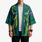 Australian Opals Basketball Kimono Iconic Green And Gold Silhouette With Sharp Abstract Graphics