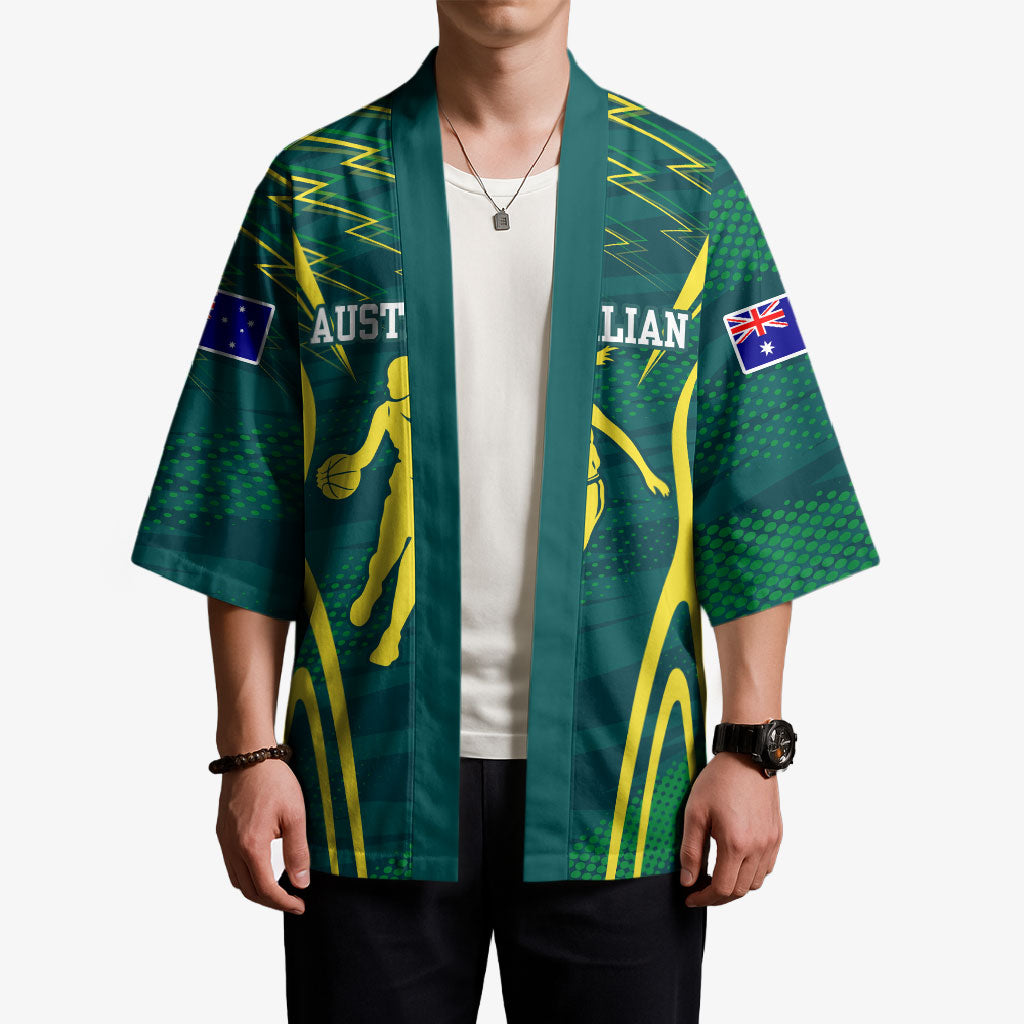 Australian Opals Basketball Kimono Iconic Green And Gold Silhouette With Sharp Abstract Graphics