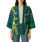 Australian Opals Basketball Kimono Iconic Green And Gold Silhouette With Sharp Abstract Graphics