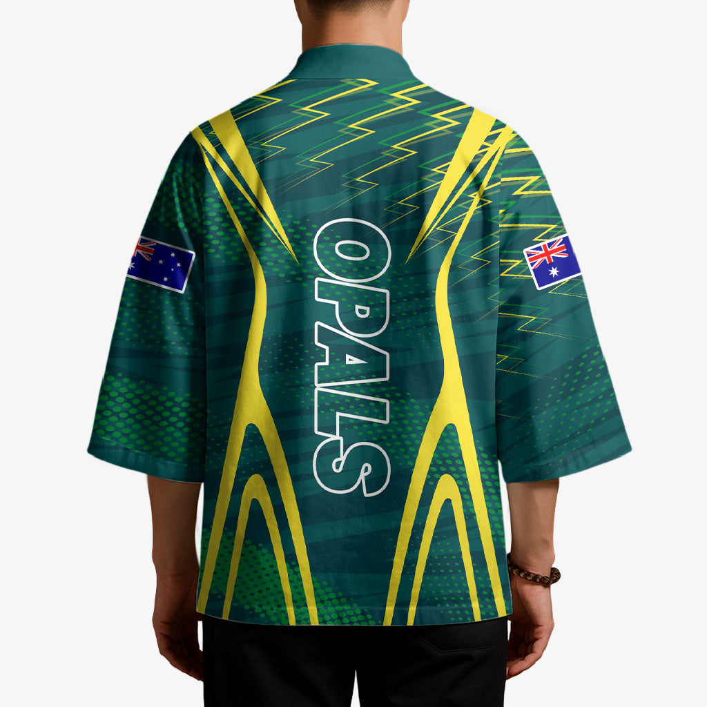 Australian Opals Basketball Kimono Iconic Green And Gold Silhouette With Sharp Abstract Graphics