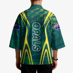 Australian Opals Basketball Kimono Iconic Green And Gold Silhouette With Sharp Abstract Graphics