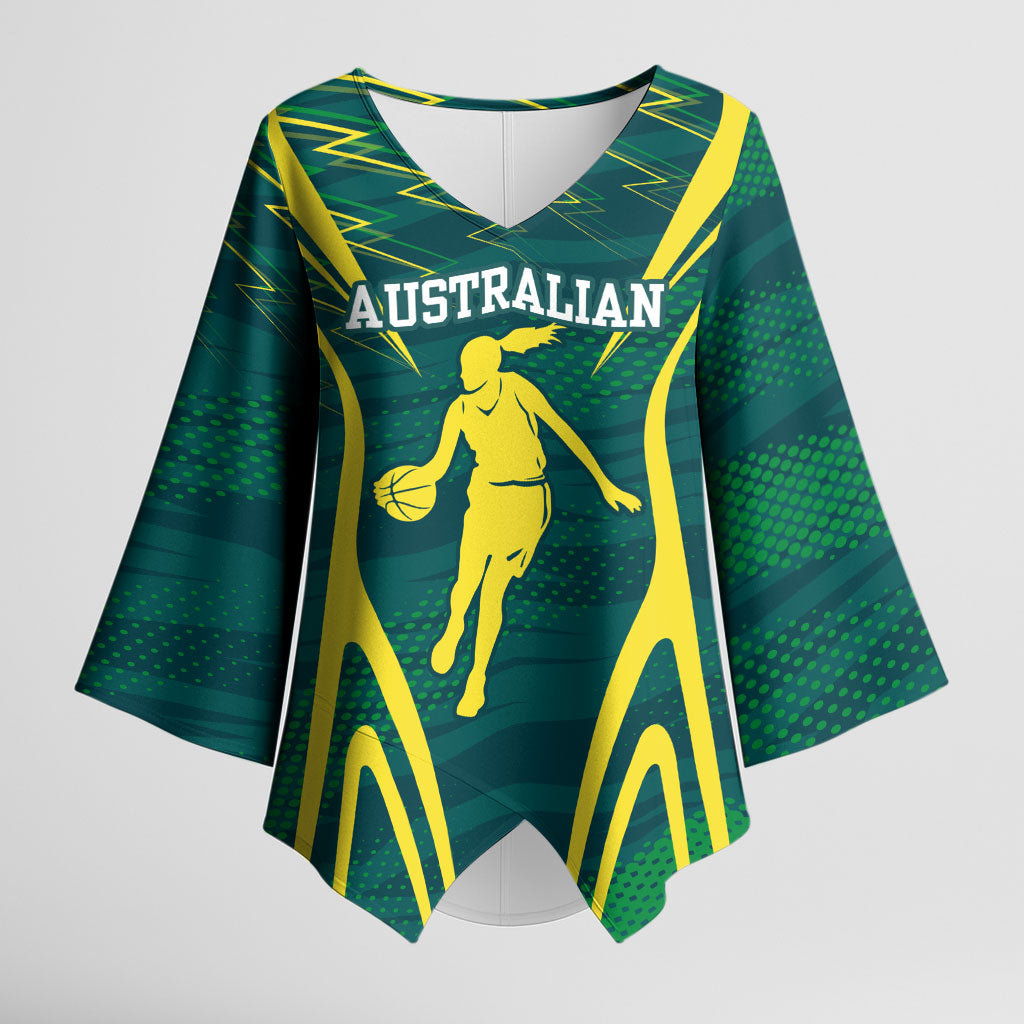 Australian Opals Basketball Kimono Sleeve Blouse Iconic Green And Gold Silhouette With Sharp Abstract Graphics