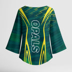 Australian Opals Basketball Kimono Sleeve Blouse Iconic Green And Gold Silhouette With Sharp Abstract Graphics