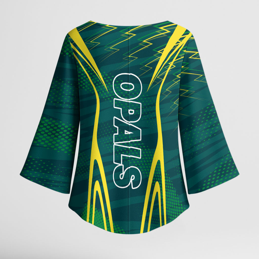 Australian Opals Basketball Kimono Sleeve Blouse Iconic Green And Gold Silhouette With Sharp Abstract Graphics
