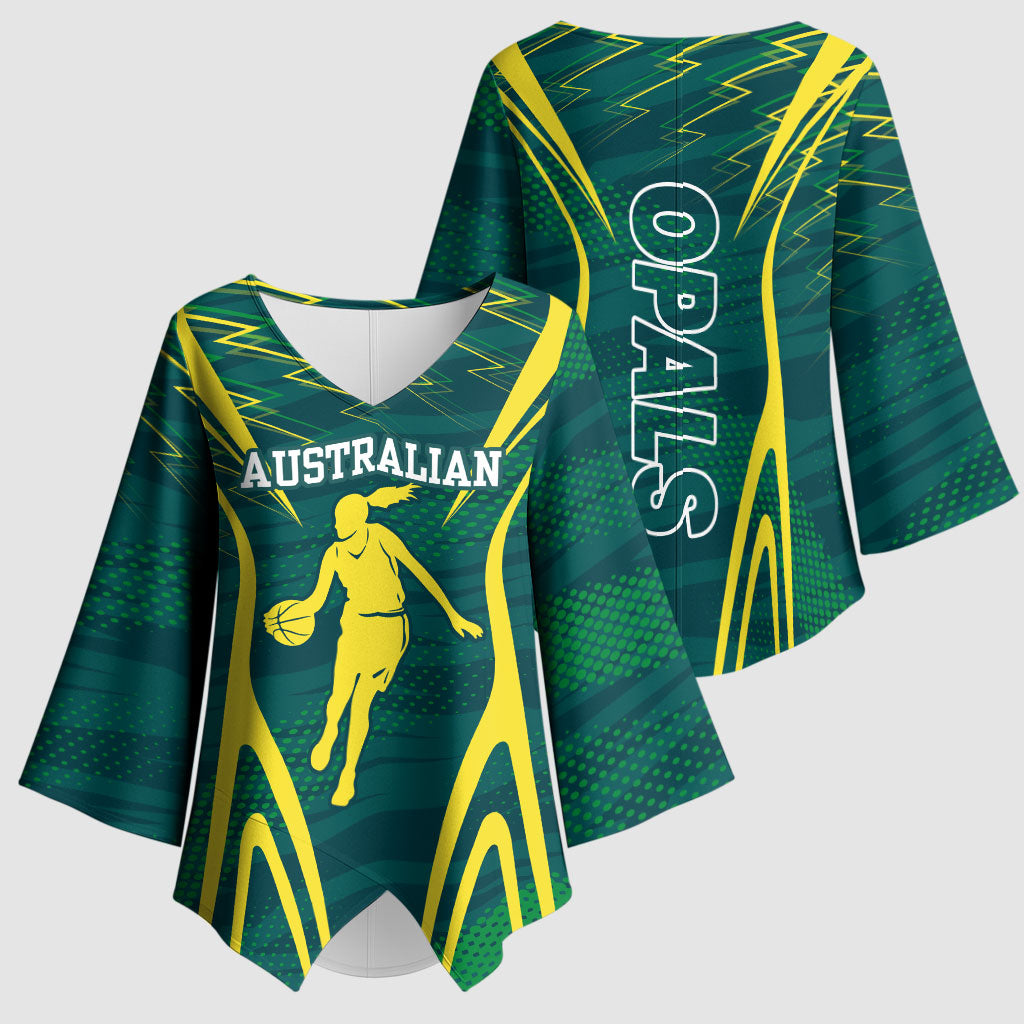 Australian Opals Basketball Kimono Sleeve Blouse Iconic Green And Gold Silhouette With Sharp Abstract Graphics